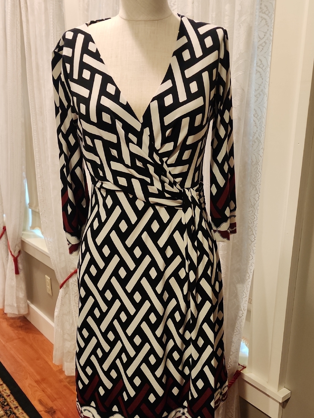 White House Black Market Black & White Geometric Wrap Dress with Burgundy Trim
